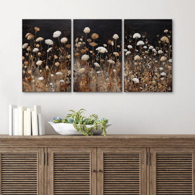 Neutre botanique prairie avec fleurs sauvages blanches et brunes - impression sur toile encadrée 3 pièces