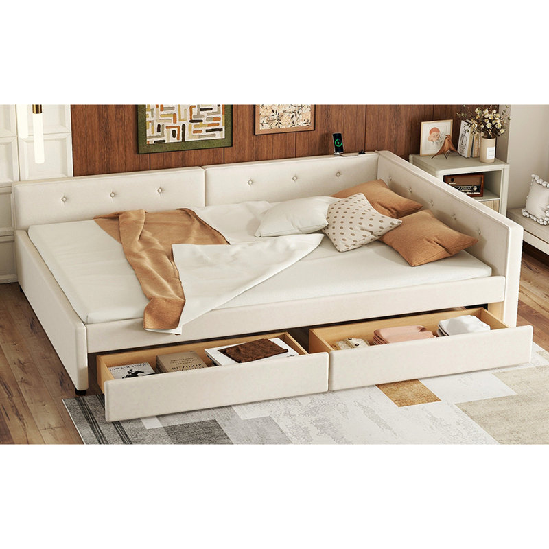 Beige Full Size Platform Bed With & 2 Drawers - Wood, Linen Upholstery, No Box Spring, Bedroom Sophistication Addition And Drawers, Versatility