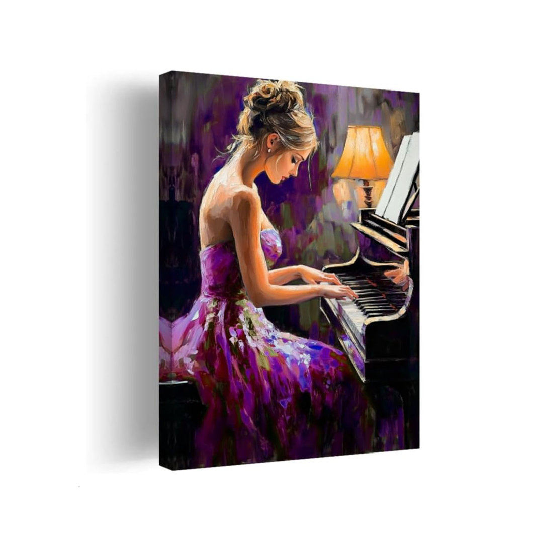 Black Girl Wall Art Female Playing Piano Pictures Black Woman Music Canvas Prints African American Paintings Music Club Decor Framed(Purple,20L x 30W)