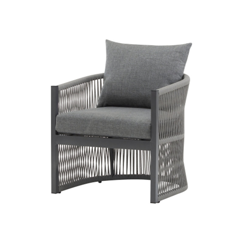 Modern Beige Curved Aluminum Lounge Chair with Stylish Rope-Weave Design and Cushioned Comfort, Perfect for Outdoor Living, 1