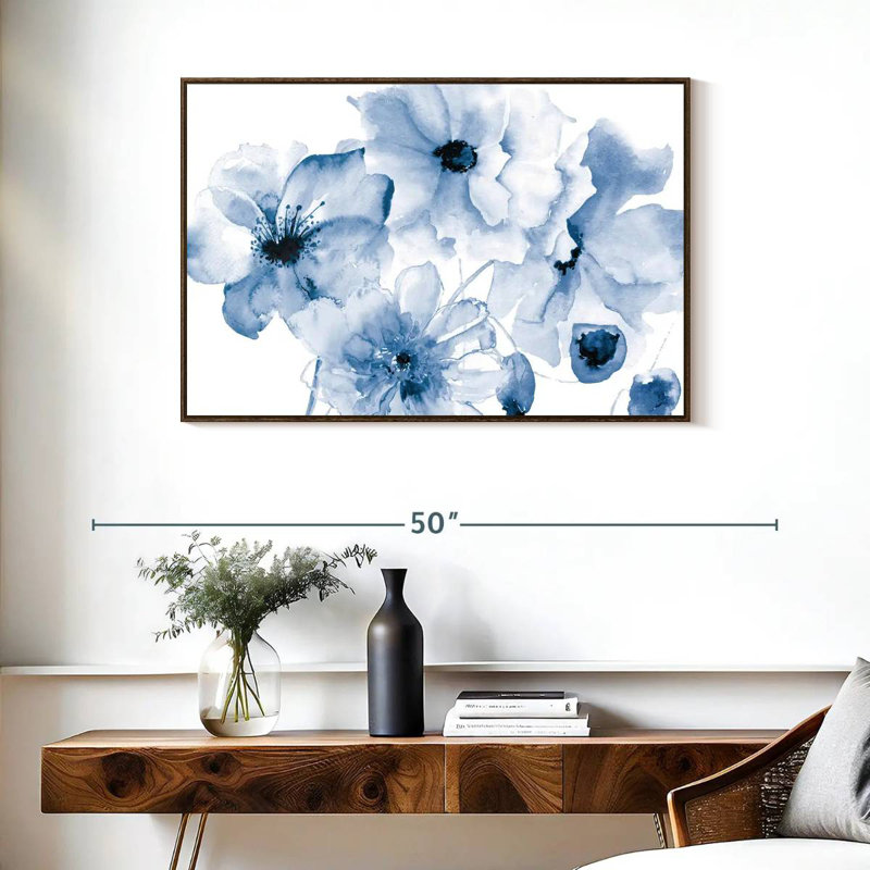 Floraison bleue, 37 po x 25 po, Cadre flottant noyer
