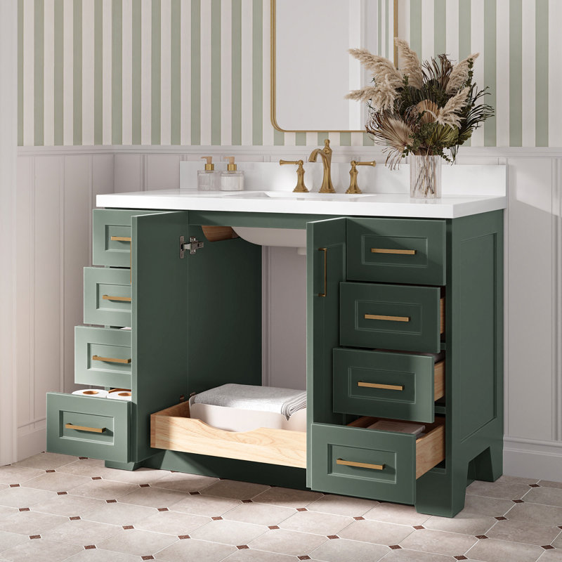 Freitas 48'' Solid Wood Single Bathroom Vanity, Rectangle, White Quartz, Vintage Green