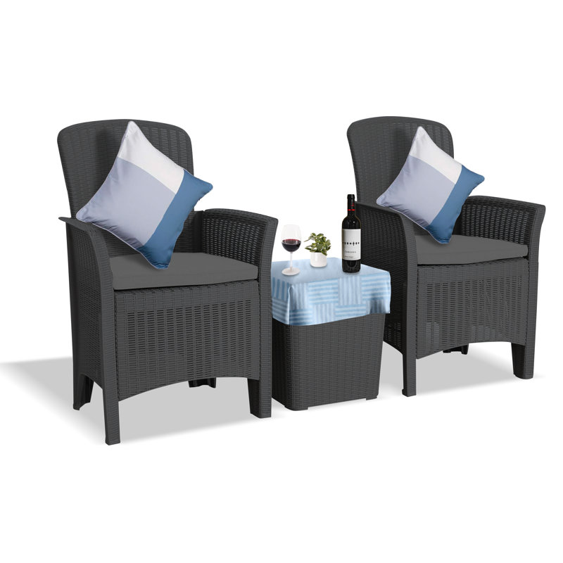 Marjo Plastic 3-Person Seating Group with Cushions, Black