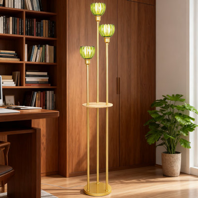 Lampe sur pied de style Mid-Century moderne avec tablettes, lampe sur pied rétro en or avec abat-jour en verre vert, grande lampe d'angle à 3 lumières avec interrupteur au pied marche / arrêt pour le salon et la chambre à coucher