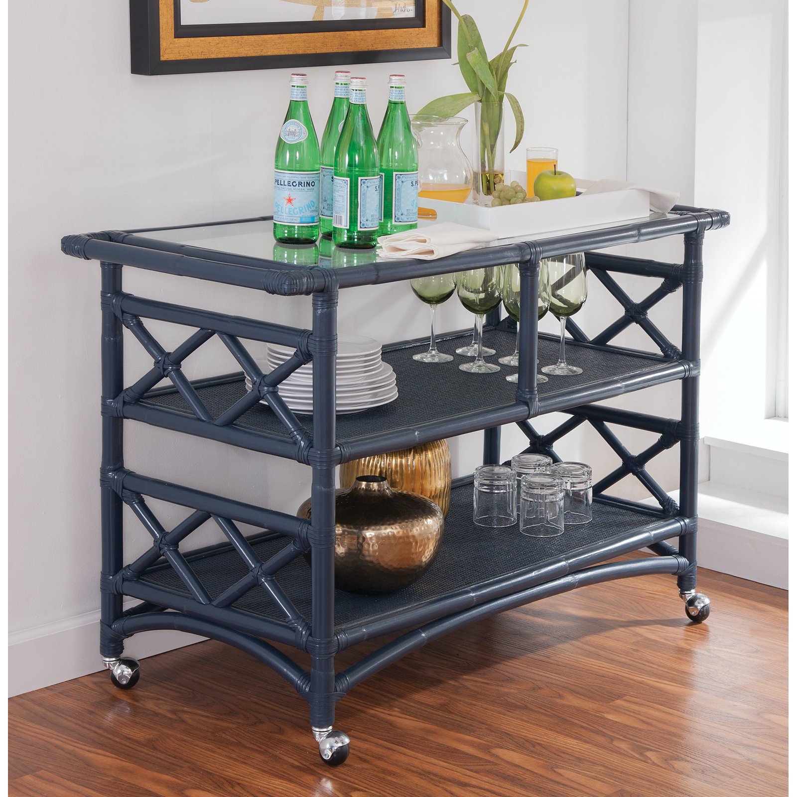 Abbott Wicker / Rattan Bar Cart, Navy