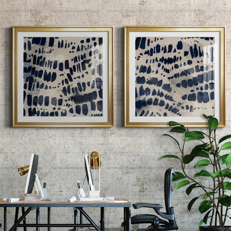 Indigo Markings I - Ensemble de 2 reproductions d'art encadrées, H 34,5 po x l 69 po, Impression encadrée avec passe-partout