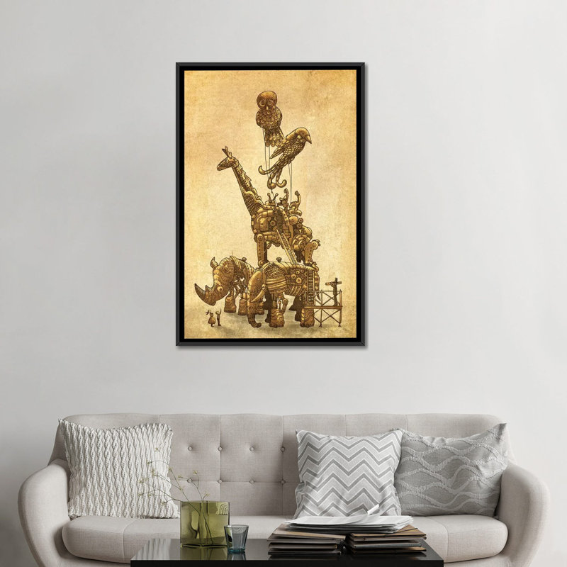 « the clockwork menagerie », impression sur toile, H 26 po x l 18 po x P 1,5 po, Toile avec cadre noir, Pas de tapis