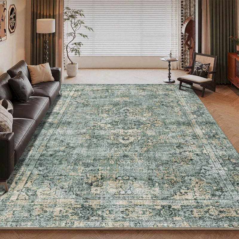 Tapis vintage lavable à la machine Vintage Boho, vert / beige, 5 pi x 7 pi