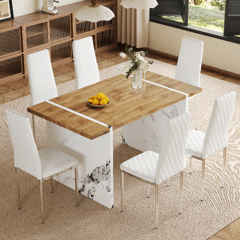  Table de salle à manger en panneau de fibres à densité moyenne 55 po x 31,5 po avec 6 chaises blanches, finition bois naturel, ensemble minimaliste, blanc
