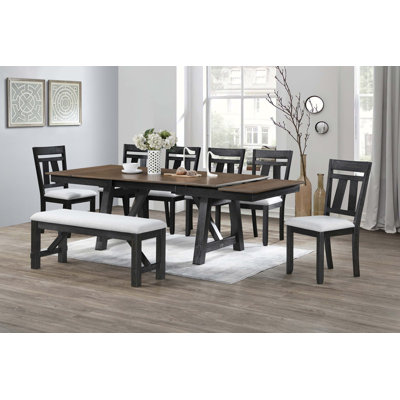 Cottage Style Extendable Dining Table Set Tow Tone Upholstered Chair Bench Dining Room Wooden Furniture Two Self-Storing Refectory Leaves Solid Wood