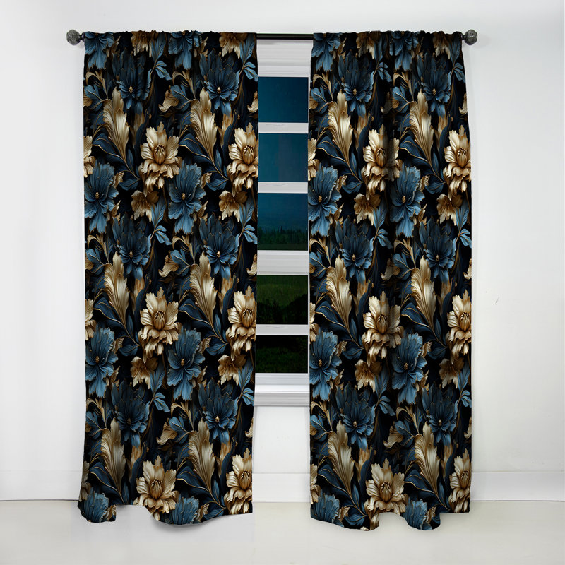 Tissu damassé bleu foncé et doré - rideau occultant - 1 panneau, L 52 po x L 120 po