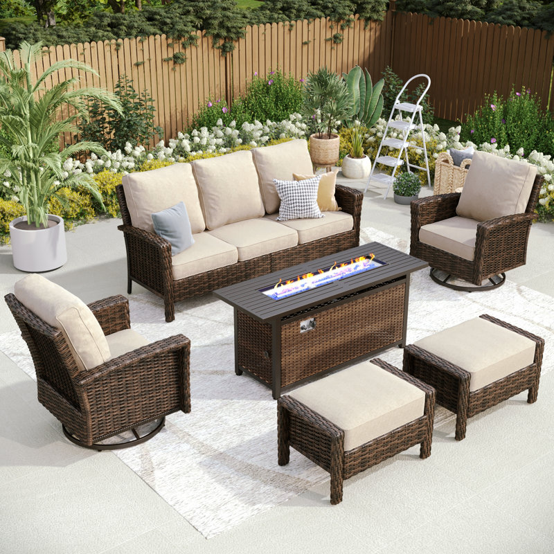 Premium All-weather Wicker 7 - Person Patio Conversation Sets With Fire Pit Table, Beige