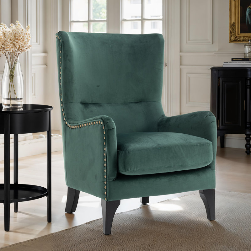 68cm Wide Tufted Wingback Chair, Green Velvet
