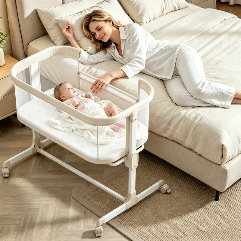 Berceau pour bébé - Lit de bébé tout en maille respirante avec roulettes, réglable en hauteur pour les nouveau-nés, 7 po, beige