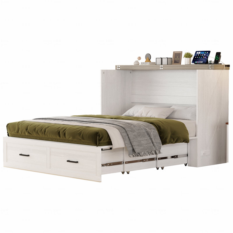 Structure de lit escamotable de style grand lit de style campagnard avec station de charge, cadre de lit plateforme pliable avec grand tiroir de rangement pour chambre d'amis, petit lit
