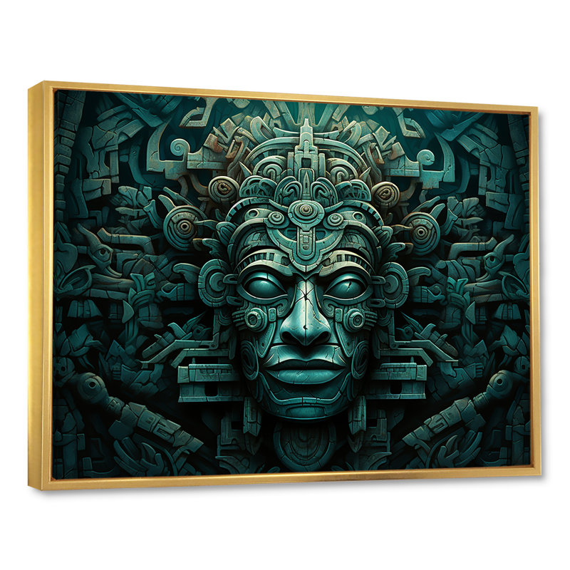 Masque maya magique aztèque - art mural mexicain, salon, Cadre flottant doré, H 24 po x l 32 po x P 1 po