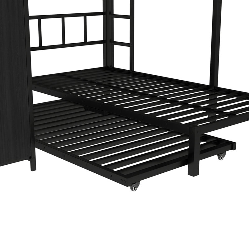 Full Over Twin Xl  (Full Xl Over Twin Xl)  Bunk Bed With Built-In Wardrobe, Metal Bunk Bed With Twin Trundle, Foldable Desk, Ladders, Noise-Reduced Design