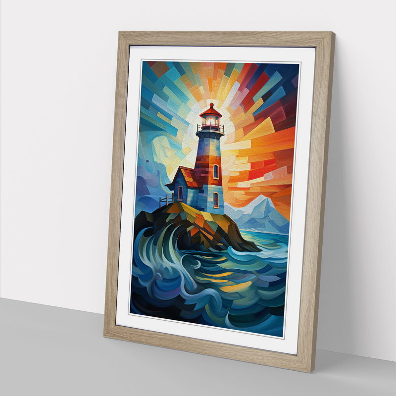 Lighthouse Futurism - Single Picture Frame Print on Wood, 46cm H x 34cm W x 2cm D, Oak Framed
