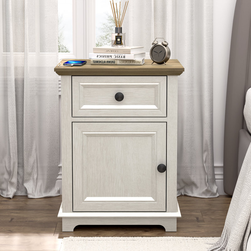 Azella 1-Drawer Frame End Table Set with Storage and Built-In Outlets, White/Brown