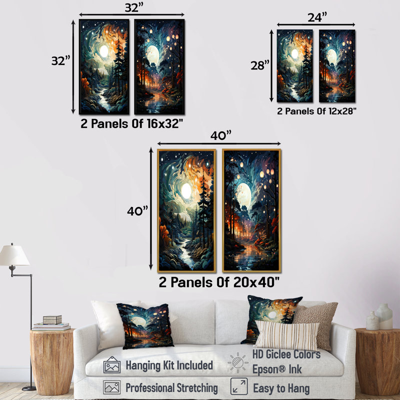 «Moonlight River Into The Forest I», ensemble de 2 reproductions d'art mural, H 28 po x l 25 po, Cadre noir