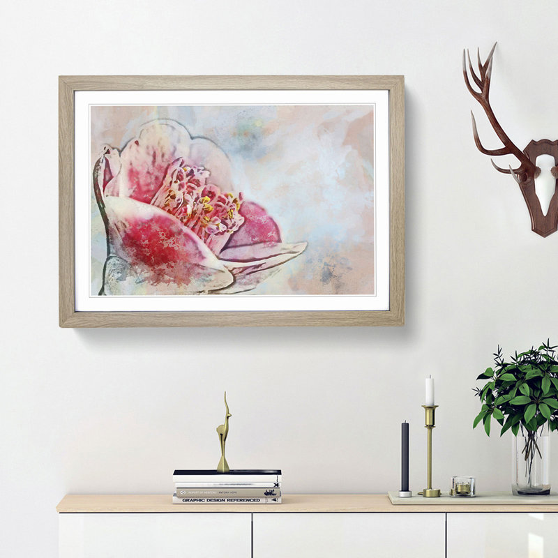 Blossoming Pink Camellia Flower in Abstract - Picture Frame Painting Print, Oak Framed, 48cm H x 65cm W x 2cm D