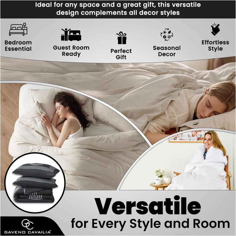 Polyester Geometric Duvet Cover Set with Pillowcases, Charcoal, Double Duvet Cover Set + 2 Standard Pillowcases