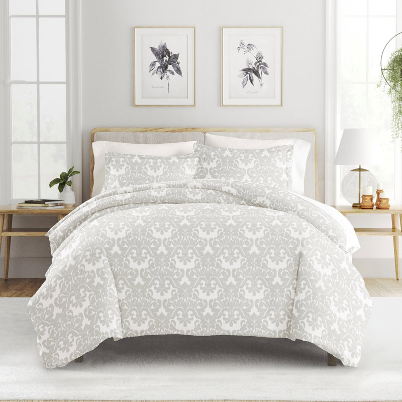 Gray Damask Pattern Microfiber Twin/Twin XL Duvet Cover Set