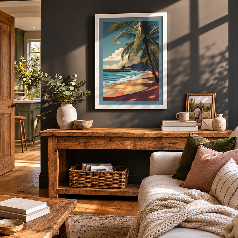 Tropical Beach Retreat Coastal - Framed Print, A3 - 42.0 x 29.7 cm, White