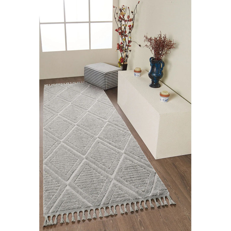 Stylish Grey Area Rug, 3.3 x 14.8 Feet | 100% Polypropylene, 1.7 cm Pile Height | Machine Woven, Non-Slip Dot Underside, Antibacterial | Ideal for Living Room & Bedroom, Durable & Easy to Maintain