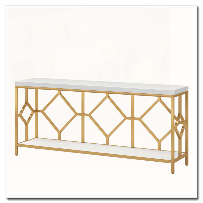 Industrial Two-Tier Console Table with Diamond Pattern Metal Frame