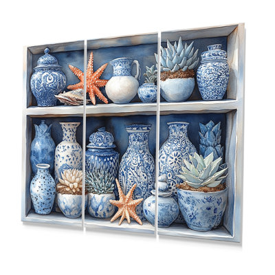 Poterie de plage dans des tons bleus et blancs - Ensemble de décorations murales de plage