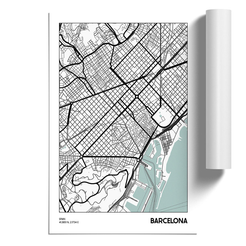 Map Barcelona Spain - Unframed Graphic Art, 59cm H x 42cm W x 0.1cm D