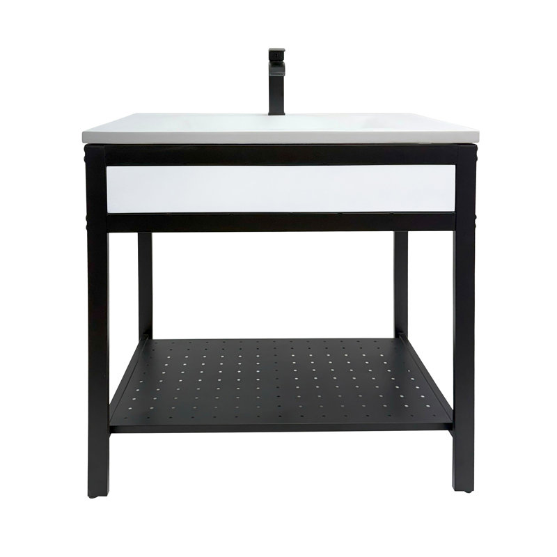 Meuble-lavabo simple 31 po - Structure en métal noir avec plateau rectangulaire en béton blanc, Blanc