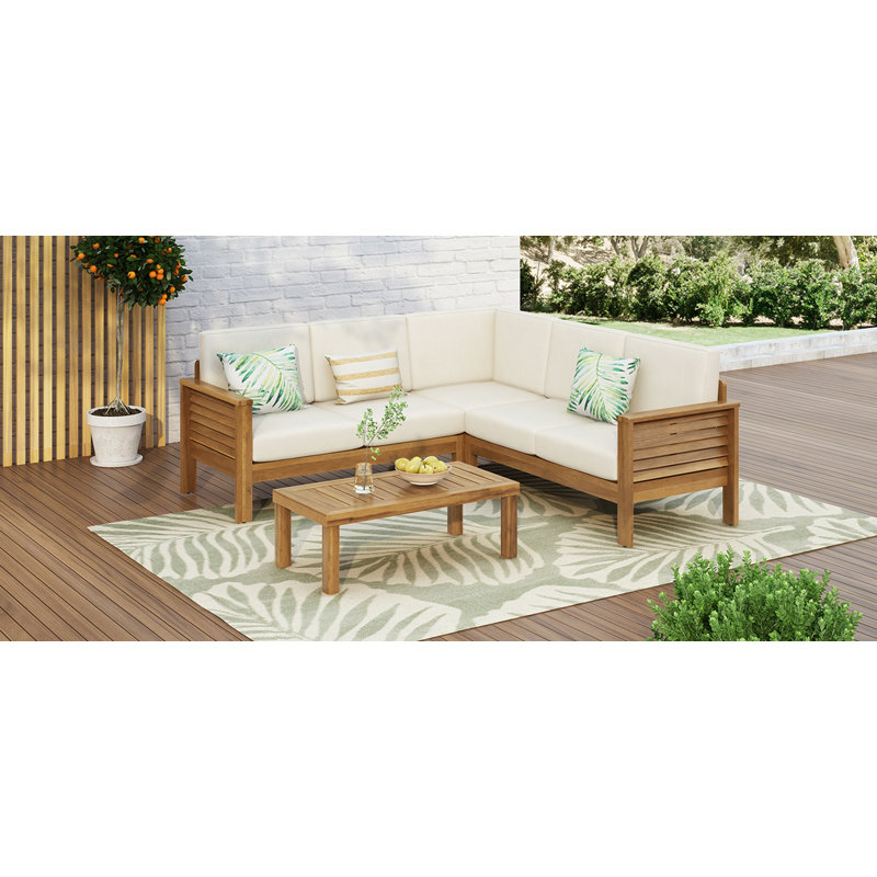 Kyree Outdoor 4-Pieces Acacia Wood Conversation Set With Cushions