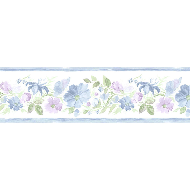 Papier peint à bordure florale cannelée 15 pi x 5,25 po Amaranthine, Bleu clair / bleu / mauve / vert