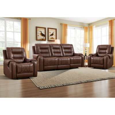 Ensemble de salon inclinable manuel en similicuir 3 pièces avec console cachée