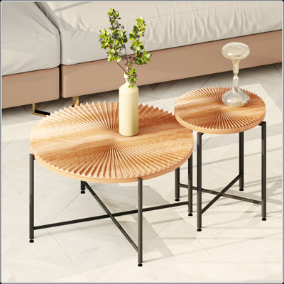 Ensemble de 2 tables basses et tables de bout à motif - Panneau de fibres à densité moyenne imperméable avec revêtement en PVC, conception cylindrique vieillie, pieds en métal noir - charme rustique classique, brun cèdre rouge