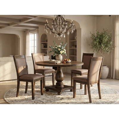 5-Piece Modern Dining Set - Dining Table and 4 Coffee Color Parson Dining Chairs with High Back - Distressed Jacobean Finish