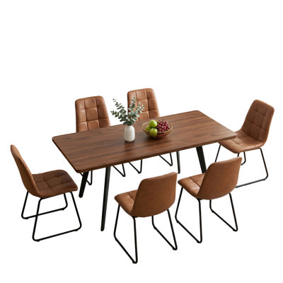 Devault 7-Piece Extendable Dining Set, Walnut-Effect Mdf Table With Metal Legs And 6 Tufted Pu Chairs, Seats 6 People