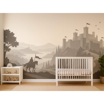 Knight Castle Grey Wallpaper Mural, Peel and Stick Kids Room Wall Mural, Layered Silhouette Landscape Nursery Wallpaper