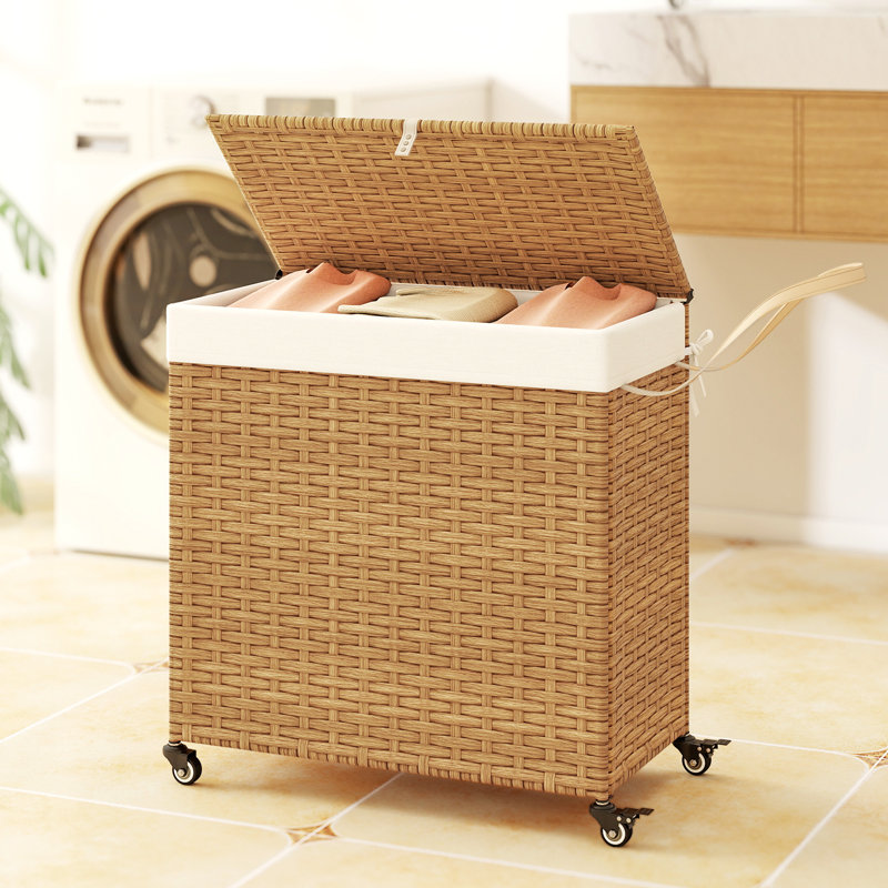  Panier à linge avec roulettes et couvercle 125l 3 sections avec 2 sacs , Marron clair