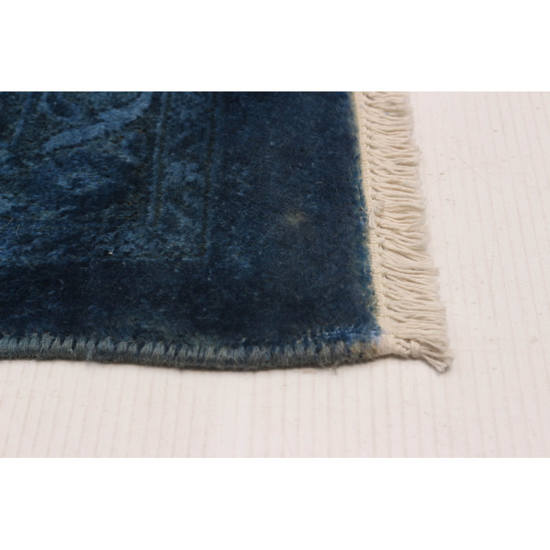 Tapis bleu foncé en laine noué à la main de conception unique 9 pi 1 po x 11 pi 10 po