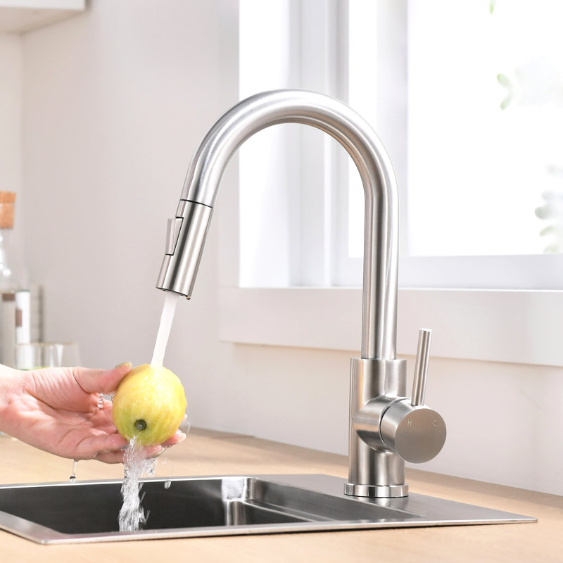 Brushed Nickel Sink Faucet With Pull Down , Classic Style Kitchen And Bathroom Faucet, Ceramic Filler Modern Single Handle Design