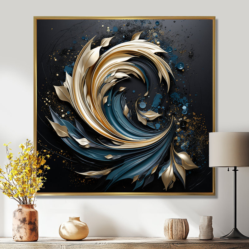 «Teal Spiral Leaves - Botanicals», art mural, H 30 po x l 30 po x P 1 po, Toile avec cadre flottant or