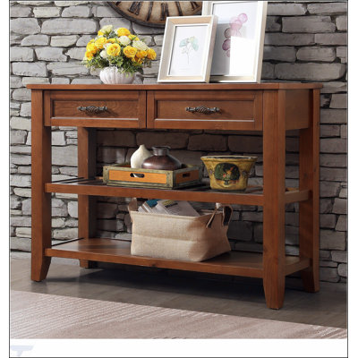 Mid-Century Console Sofa Table with 2 Storage Drawers and 2 Tiers Shelves, Solid Wood Buffet Sideboard for Living Room and Entryway