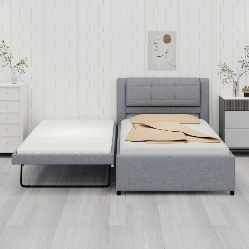 Structure de lit rembourrée moderne avec lit gigogne convertible pour des arrangements de sommeil flexibles, Gris