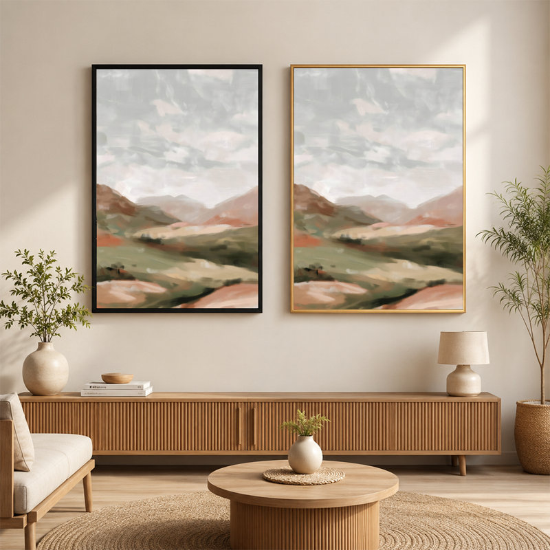 «Rolling Hills Soft Clouds Landscape», art mural sur toile avec cadre flottant, prêt à être accroché, 8x12in, Brun