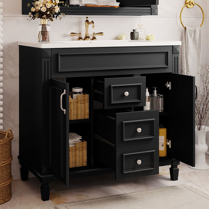 Meuble-lavabo de salle de bain avec lavabo supérieur, 2 portes à fermeture douce et 2 tiroirs, Noir