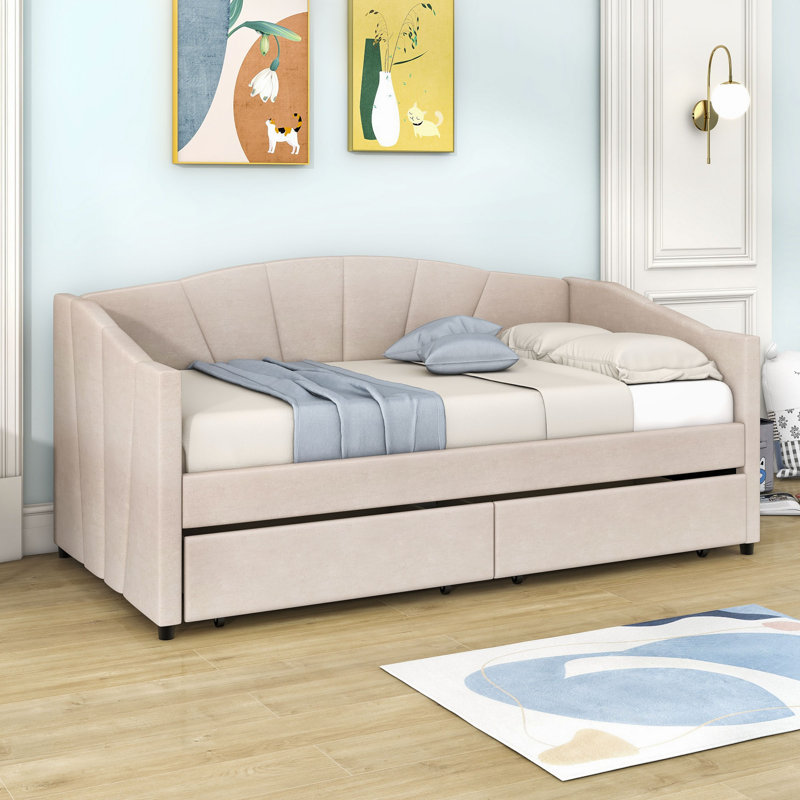 Shivansh Upholstered Daybed with Two Drawers, Beige
