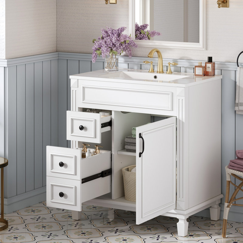 Meuble-lavabo de 76 cm avec lavabo en céramique, poignées boutons de style vintage et tablette réglable, idéal pour les salles de bain compactes. Gain d'espace de 76 cm dans les petites salles de bain.